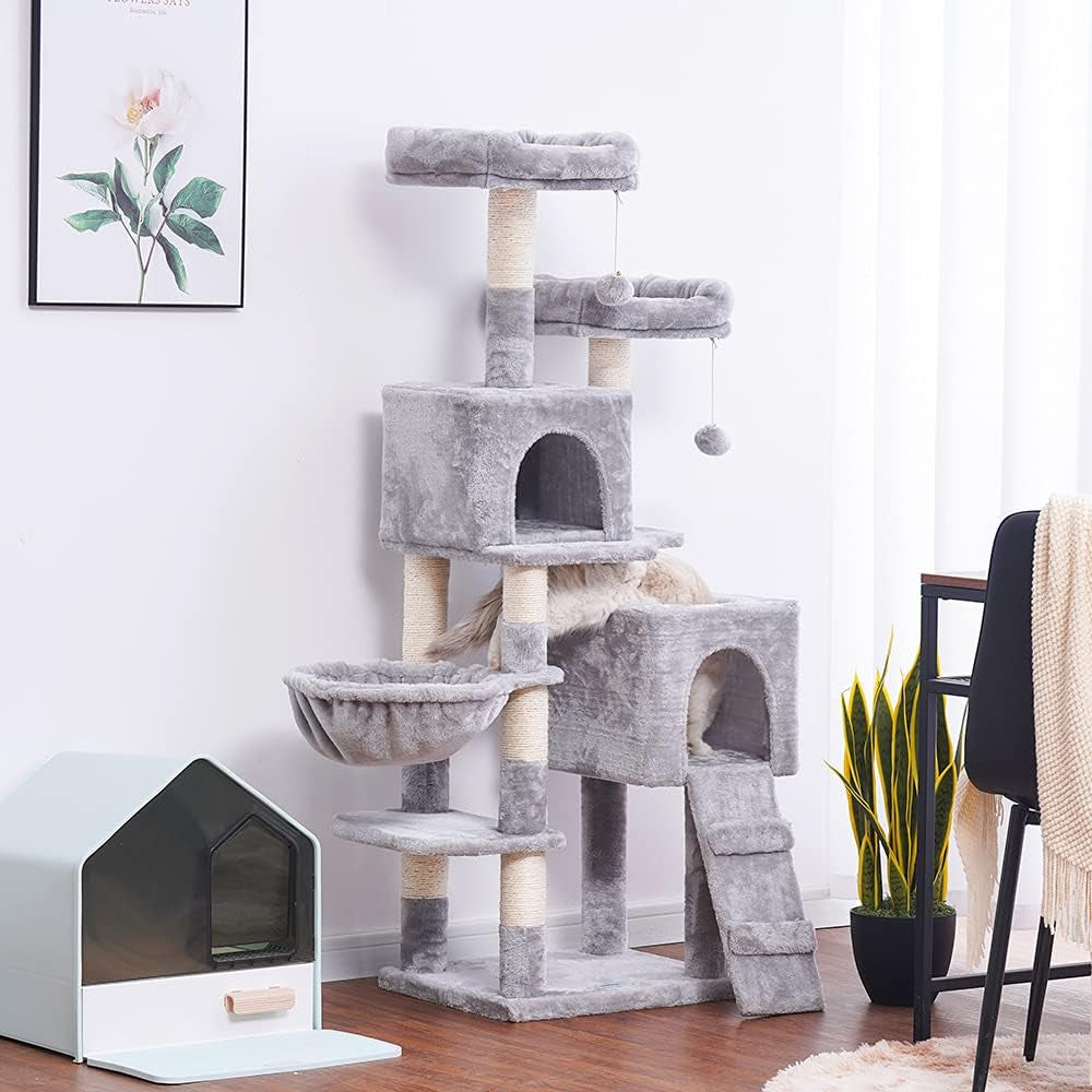 58-Inch Multi-Level Cat Tree with Sisal-Covered Scratching Posts, Two Plush Condos, and Hammock for Cats and Kittens - Light Gray MPJ013W