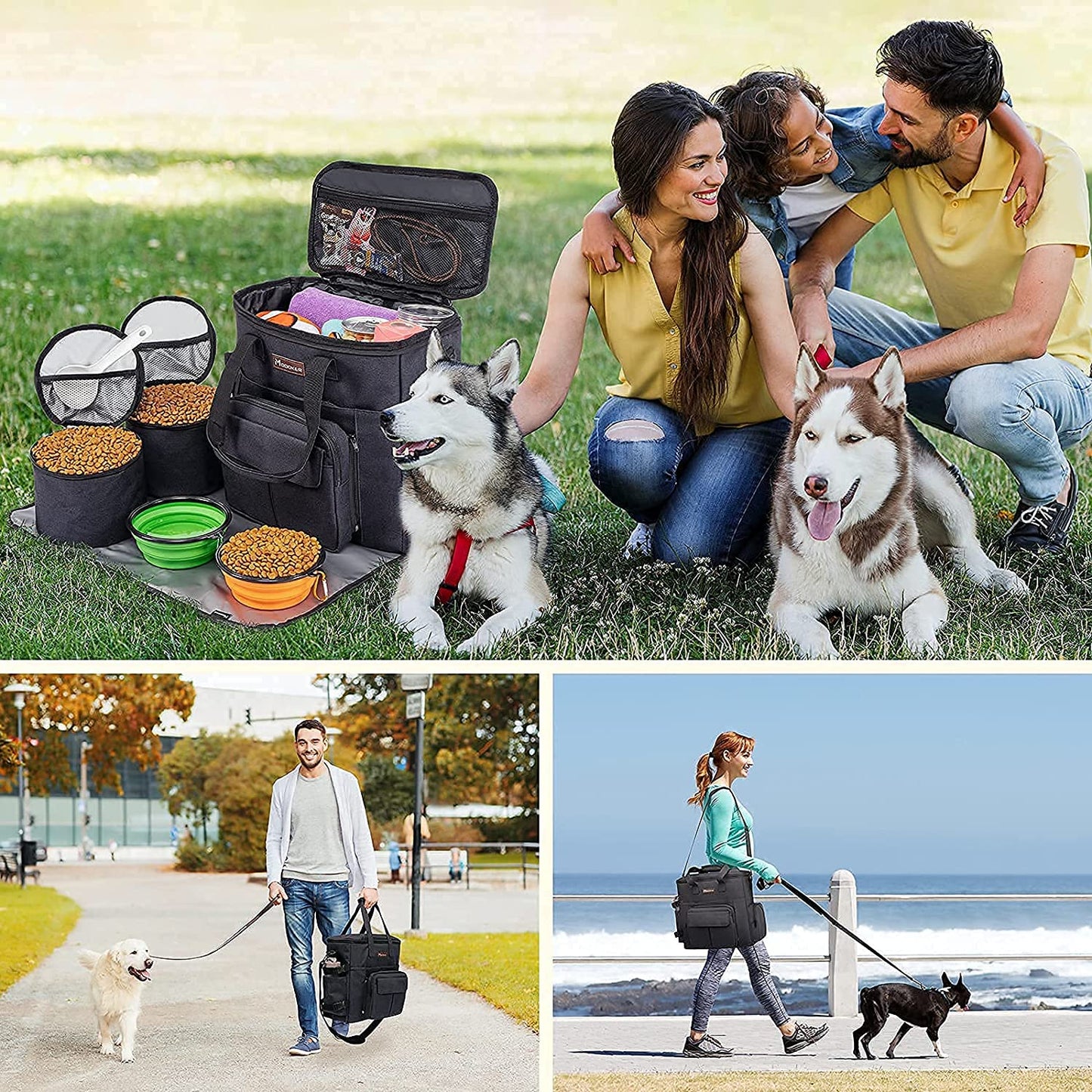 Professional Dog Travel Bag with Collapsible Bowls, Backpack, Airline-Approved Organizer, and Travel Food Containers - Black