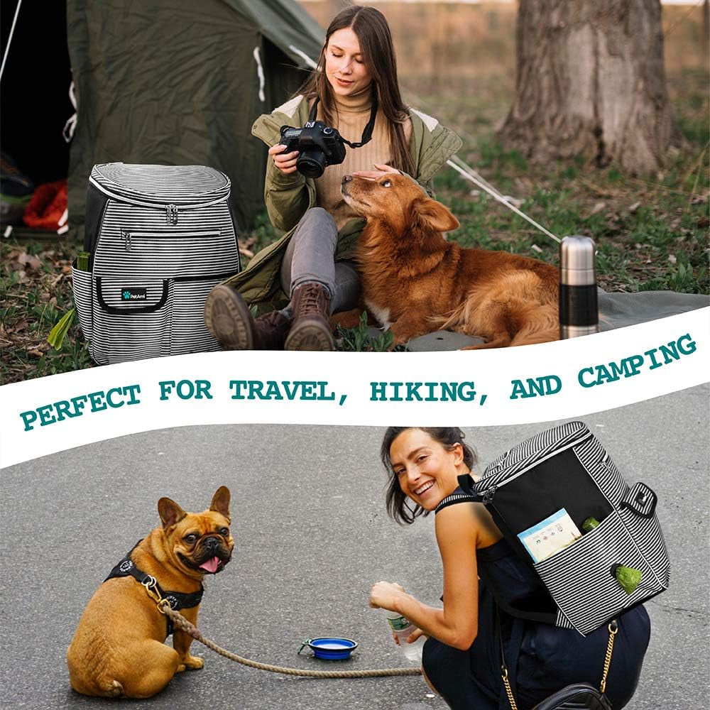 Airline-Approved Dog Travel Backpack with Food Container and Collapsible Bowls - Essential Pet Camping and Hiking Accessories in Black Stripe