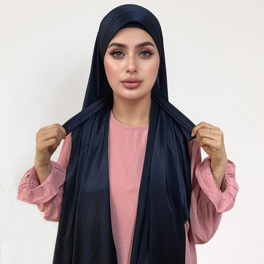High Quality Instant Hijab with Band Muslim Women Hijab Plain Premium Scarf Bright Silk Headscarves Wide Edges Shawl