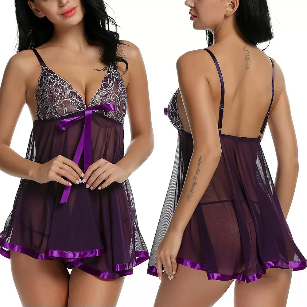 Women'S Sexy Lingerie Babydoll Sleepwear Underwear Lace Dress G-String Nightwear