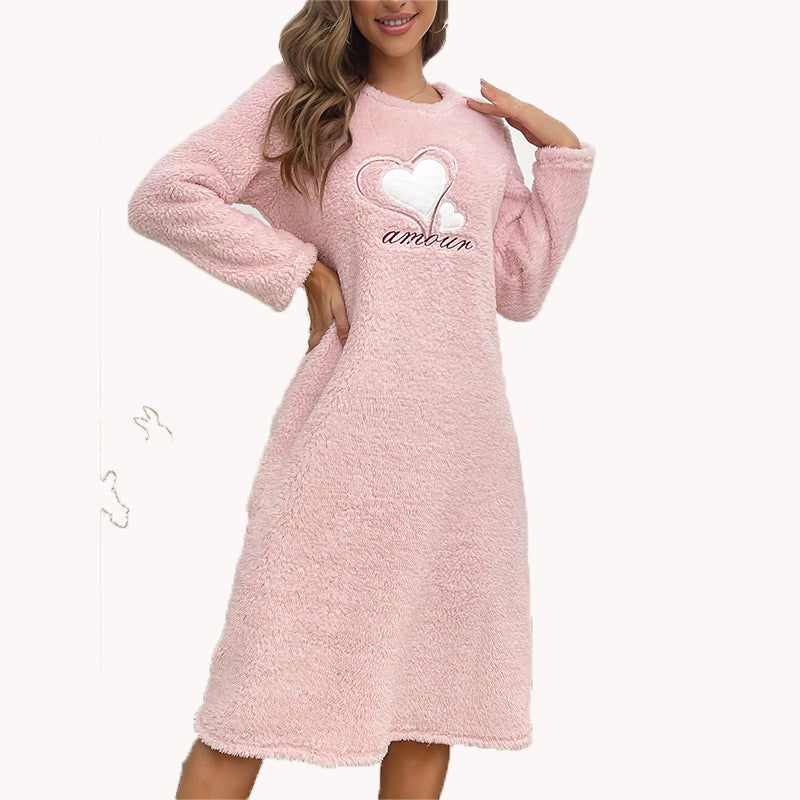 winter pink love flannel long sleeve padded nightgown