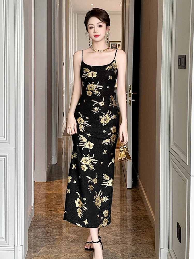 Noble Fashion Black Gold Print Elegant Luxury Evening Dress Women Sexy Sling Long Robe Party Club Prom Vestidos Vacation Clothes