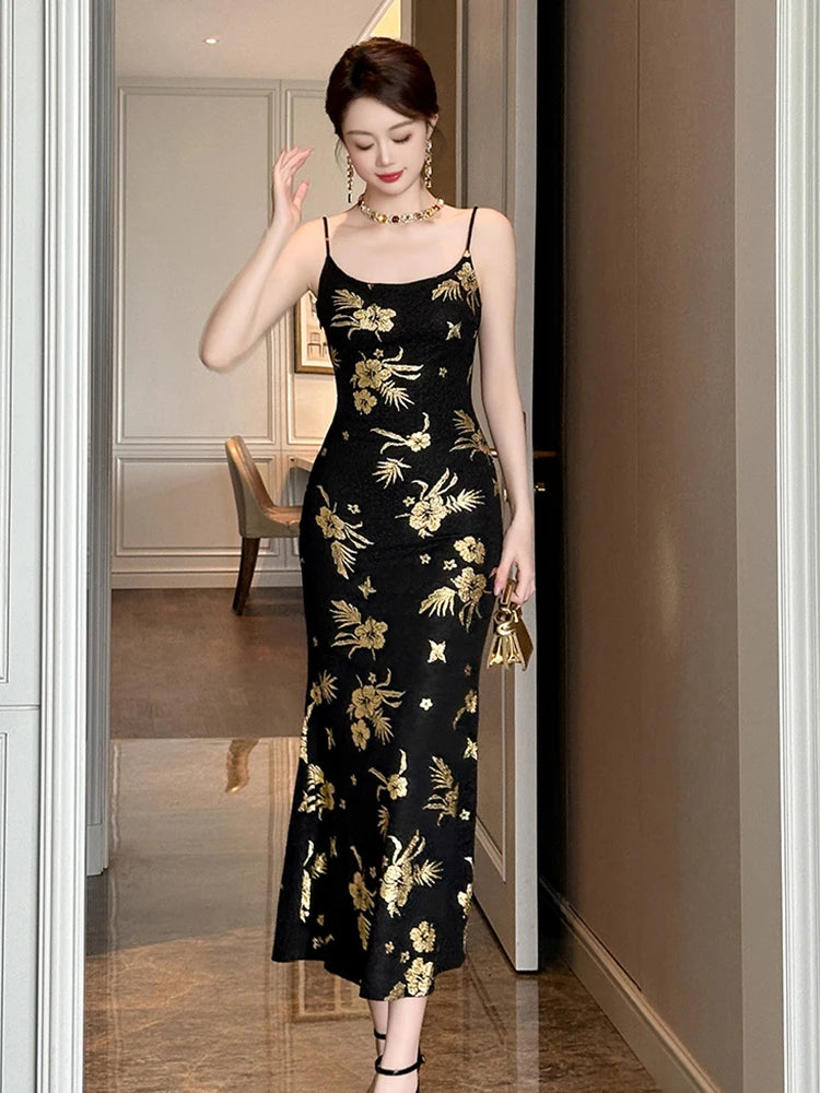 Noble Fashion Black Gold Print Elegant Luxury Evening Dress Women Sexy Sling Long Robe Party Club Prom Vestidos Vacation Clothes