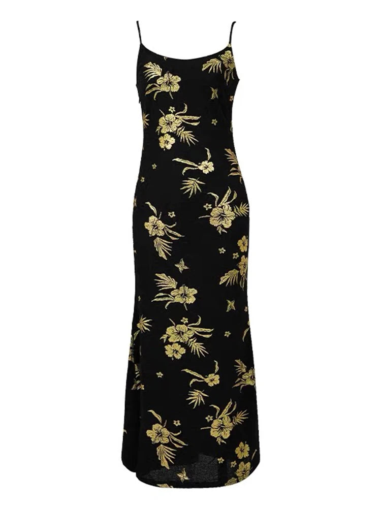Noble Fashion Black Gold Print Elegant Luxury Evening Dress Women Sexy Sling Long Robe Party Club Prom Vestidos Vacation Clothes