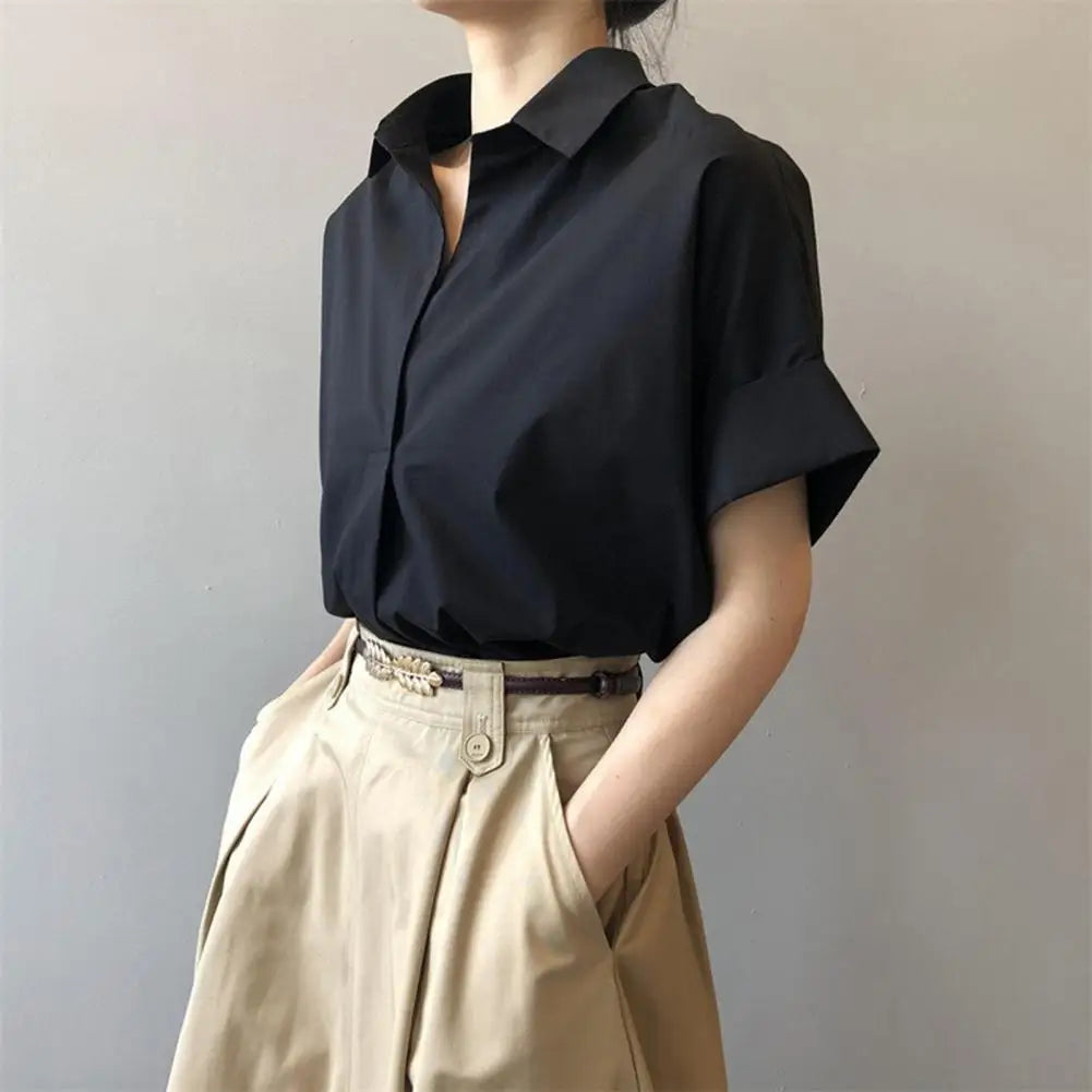 2025 Summer Shirts Women Shirt Fashion Loose Solid Tops Short Sleeved Blouse Casual Solid Buttons Down Blusas