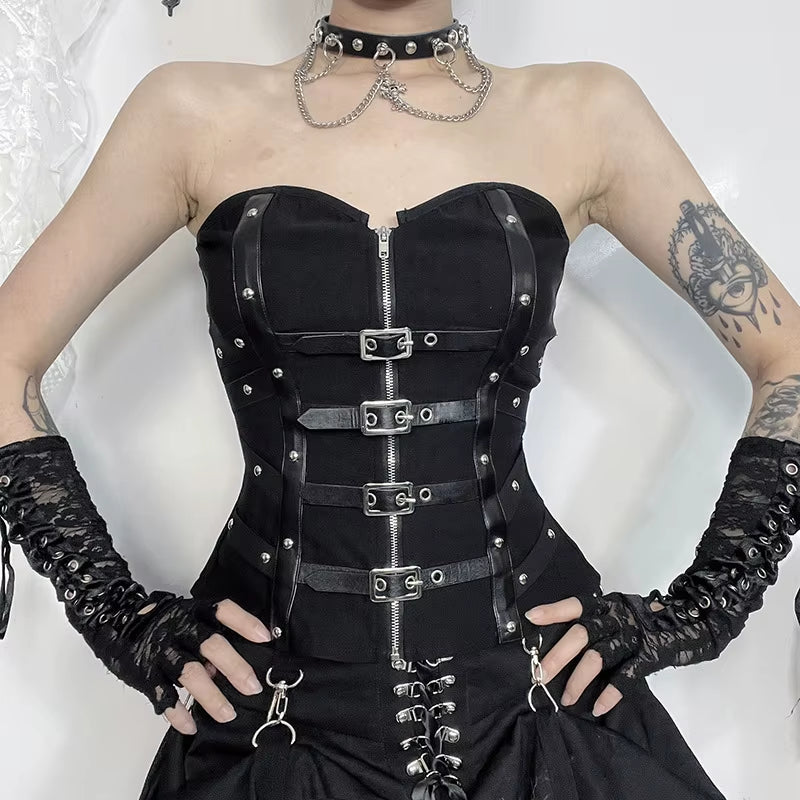 Punk Grunge Leather Buckle Strapless Corset Tops Mall Gothic Zip Women Tupe Top Y2K Coquette Streetwear Alt Tanks Vest