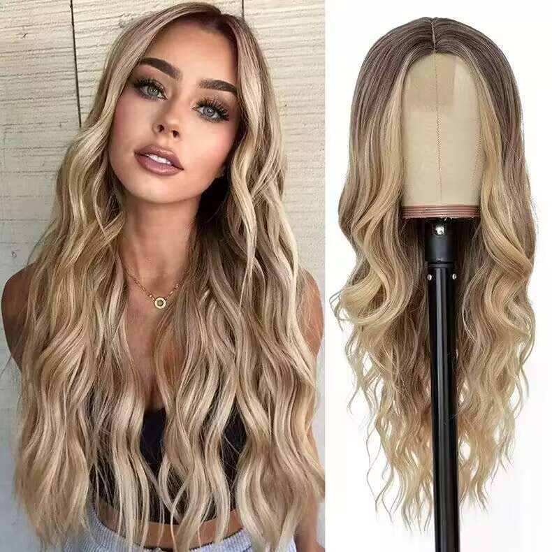 Middle-parted long wavy hair wig