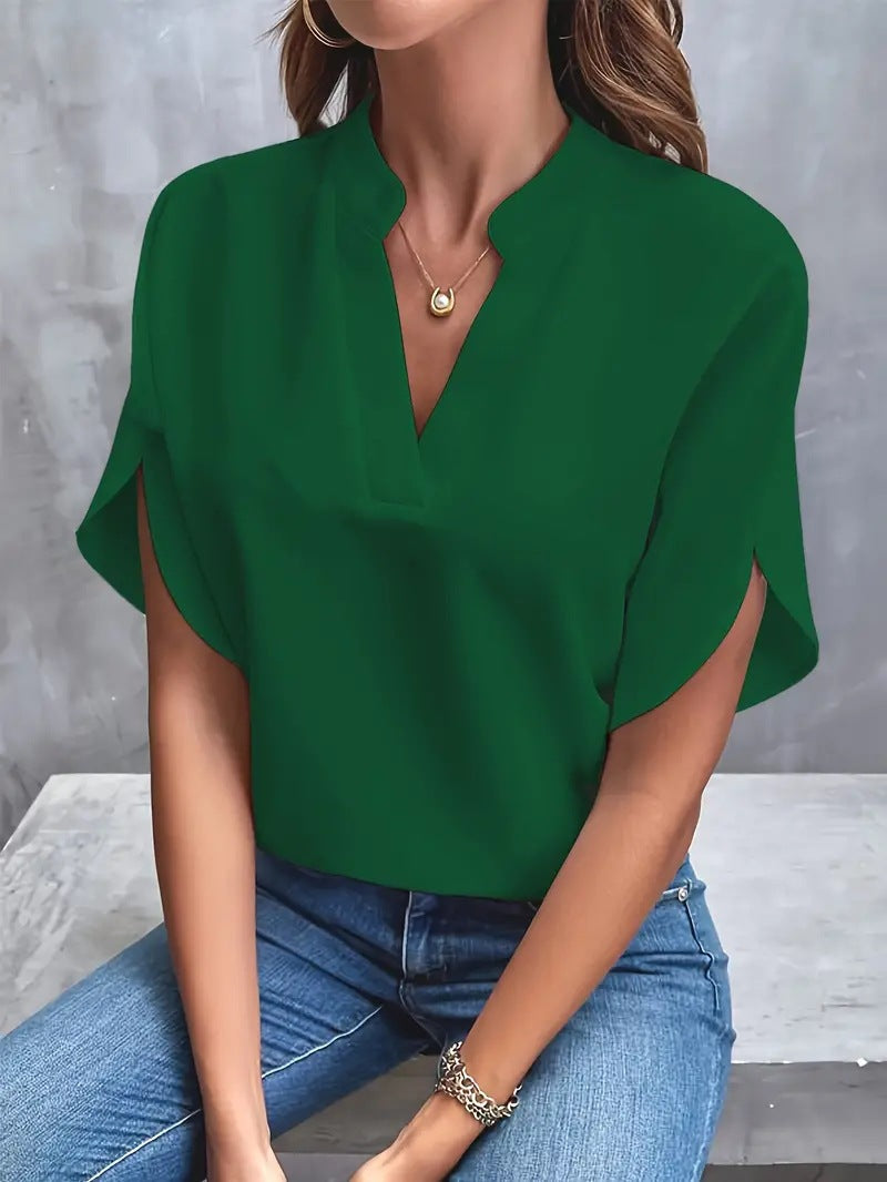 Casual Solid Color V-neck Loose Shirt Top Women
