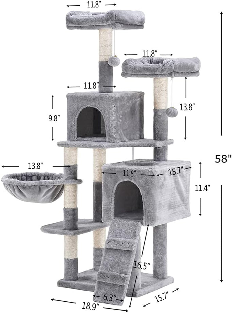 58-Inch Multi-Level Cat Tree with Sisal-Covered Scratching Posts, Two Plush Condos, and Hammock for Cats and Kittens - Light Gray MPJ013W