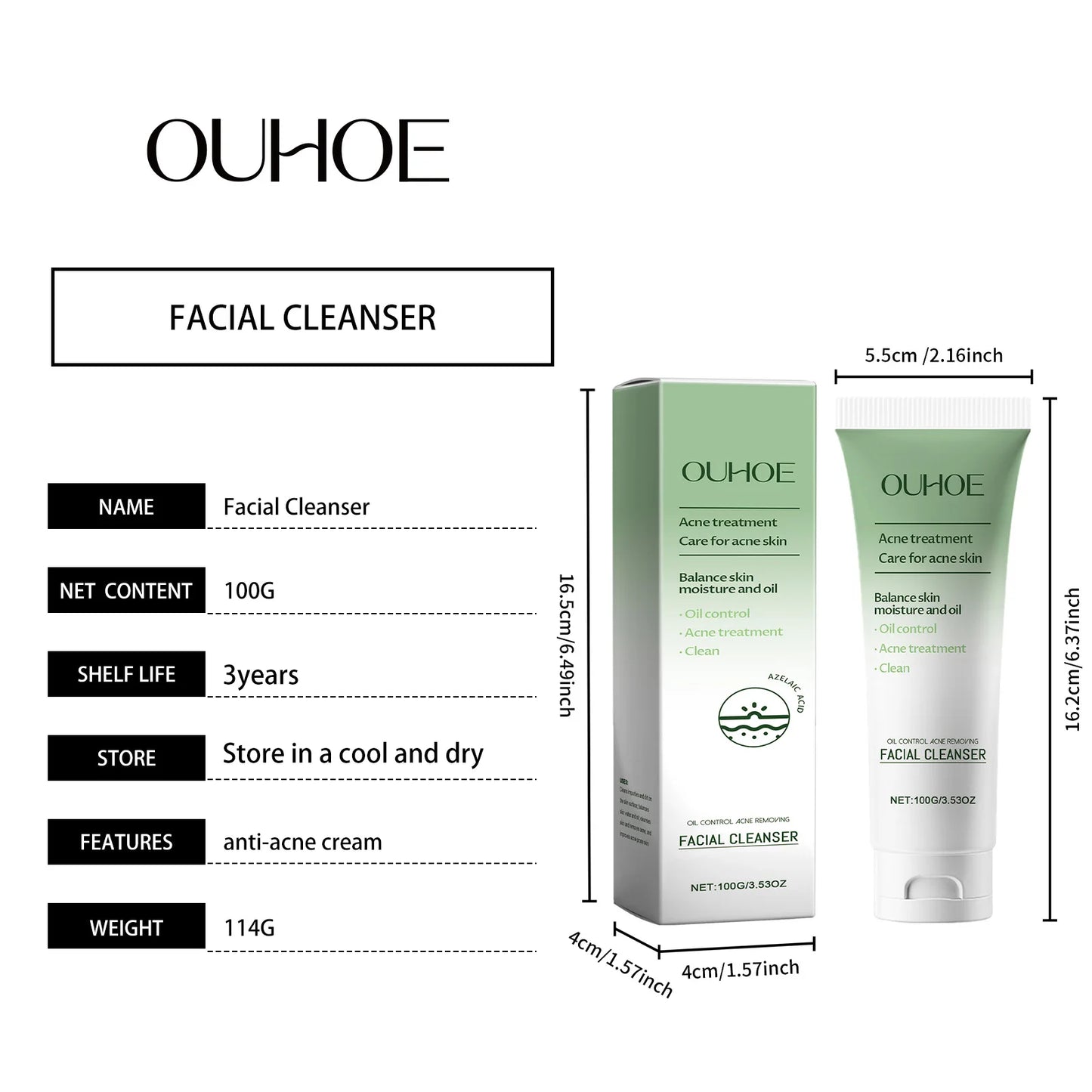 Ouhoe 100g Anti Acne Facial Cleanser Lotion Remove Pimple Clean Pores Oil Control Moisturizing Refreshing Acne Clearing Cleanser