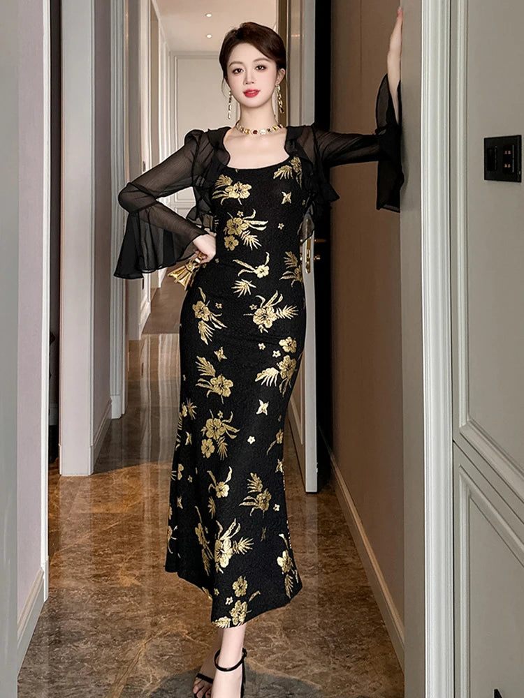 Noble Fashion Black Gold Print Elegant Luxury Evening Dress Women Sexy Sling Long Robe Party Club Prom Vestidos Vacation Clothes