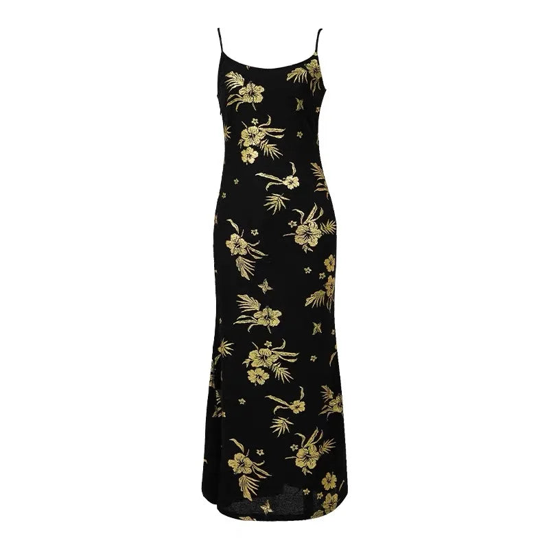 Noble Fashion Black Gold Print Elegant Luxury Evening Dress Women Sexy Sling Long Robe Party Club Prom Vestidos Vacation Clothes