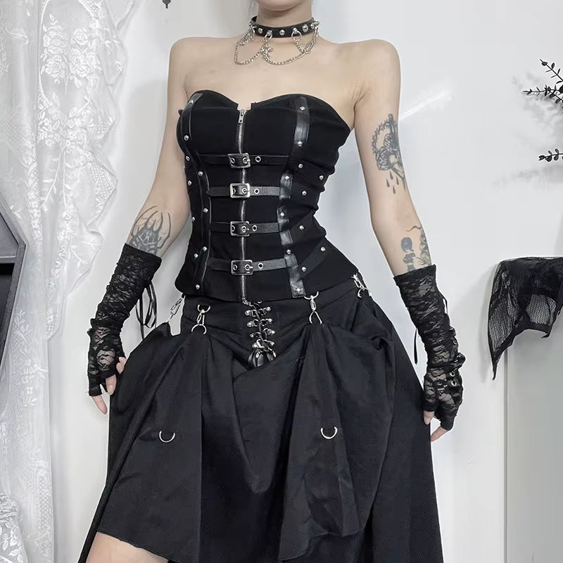 Punk Grunge Leather Buckle Strapless Corset Tops Mall Gothic Zip Women Tupe Top Y2K Coquette Streetwear Alt Tanks Vest