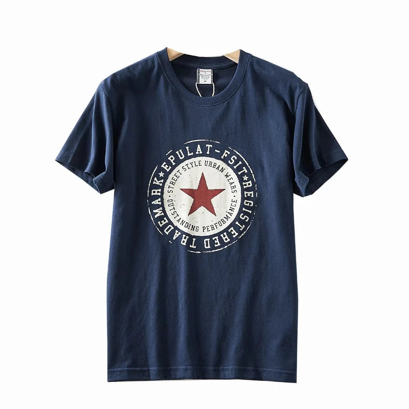 2025 Summer New American Retro Short Sleeve O-neck Pentagram Printed T-shirt Men's Fashion 100% Cotton Washed Casual Youth Tops