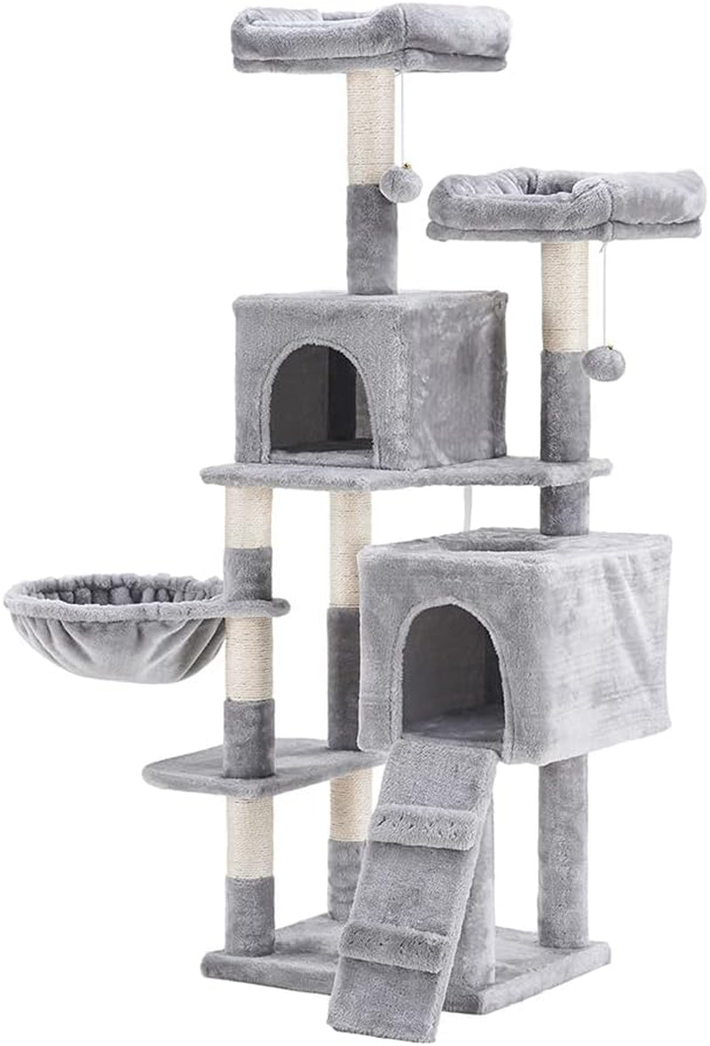 58-Inch Multi-Level Cat Tree with Sisal-Covered Scratching Posts, Two Plush Condos, and Hammock for Cats and Kittens - Light Gray MPJ013W