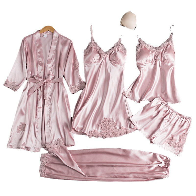 Women's Ice Silk Pajama Set Five-piece Home Clothes
