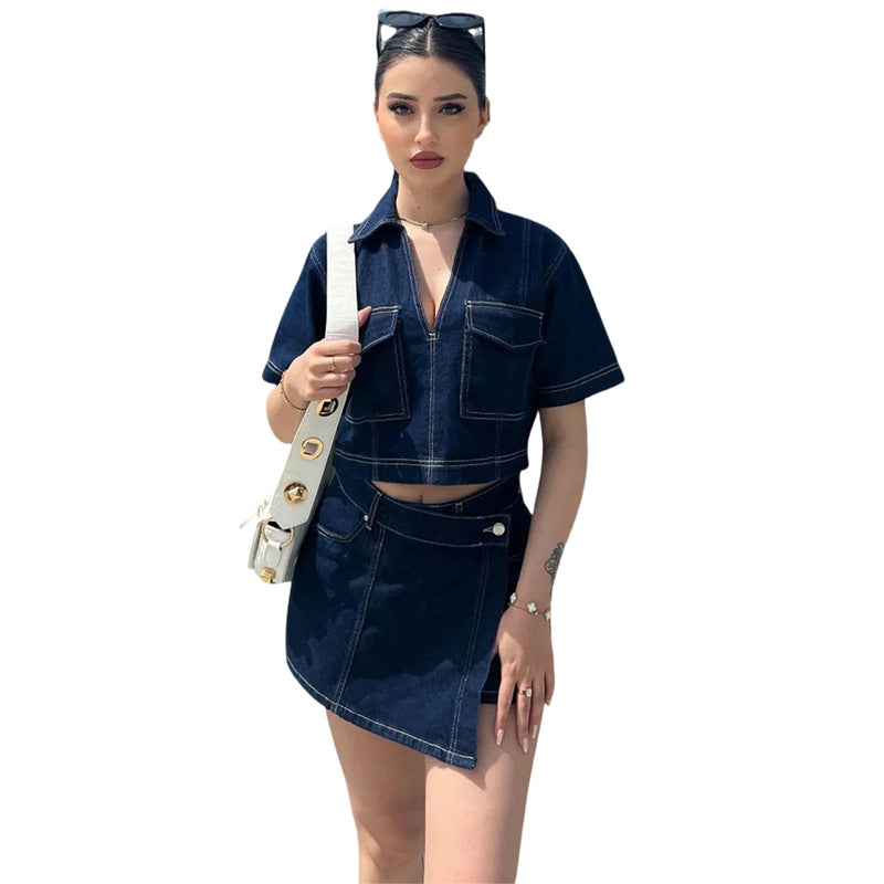 Street Style Denim Suit with V-Neck Top and Culottes