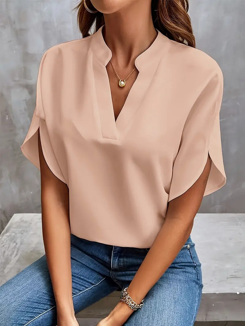 Casual Solid Color V-neck Loose Shirt Top Women