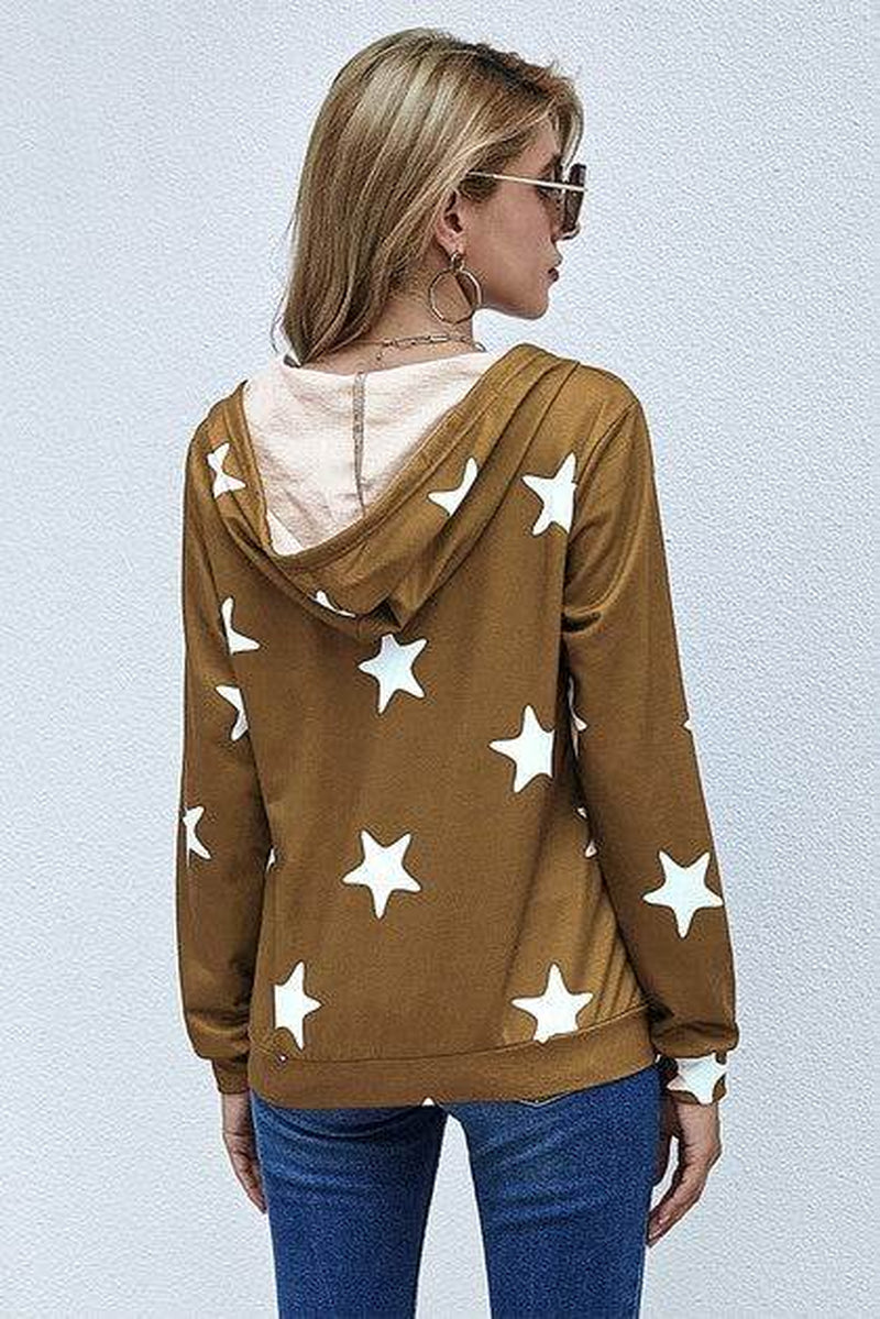 Stars Print Zip up Long Sleeve Drawstring Hoodie
