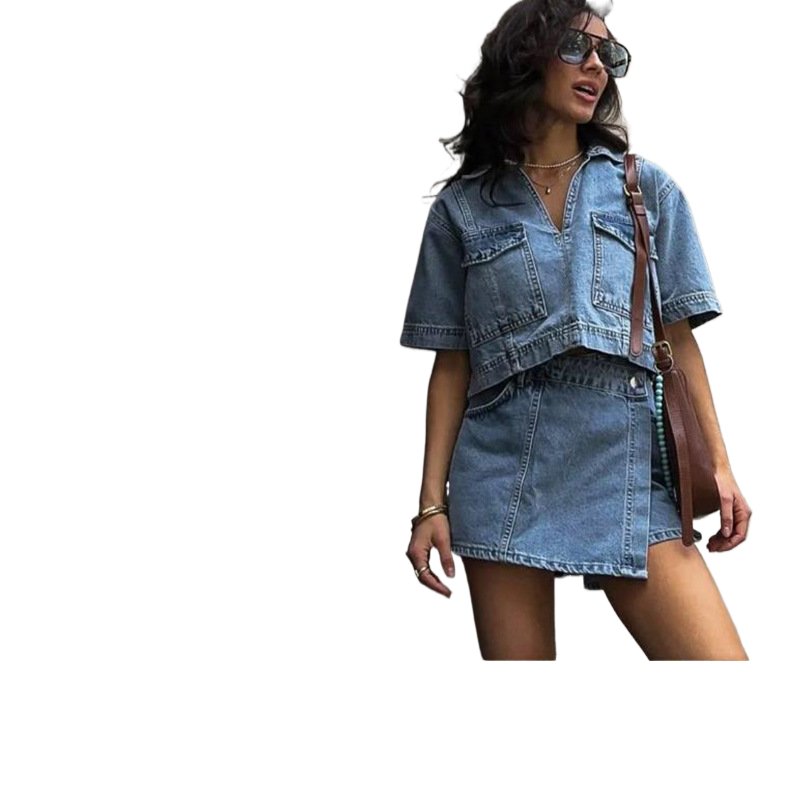 Street Style Denim Suit with V-Neck Top and Culottes