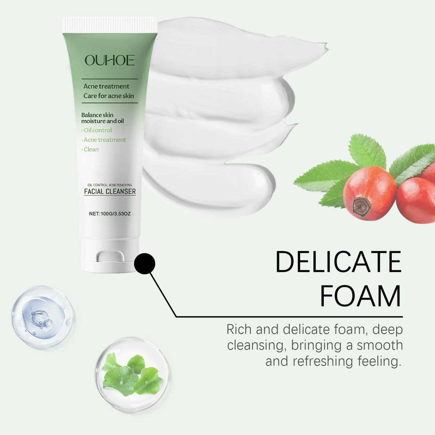 Ouhoe 100g Anti Acne Facial Cleanser Lotion Remove Pimple Clean Pores Oil Control Moisturizing Refreshing Acne Clearing Cleanser