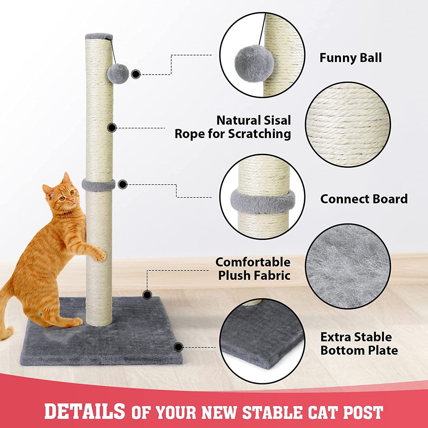 31-Inch Tall Cat Scratching Post with Hanging Ball - Durable Indoor Scratcher for Large Cats - Stable Cat Furniture with Sisal Rope - Grey