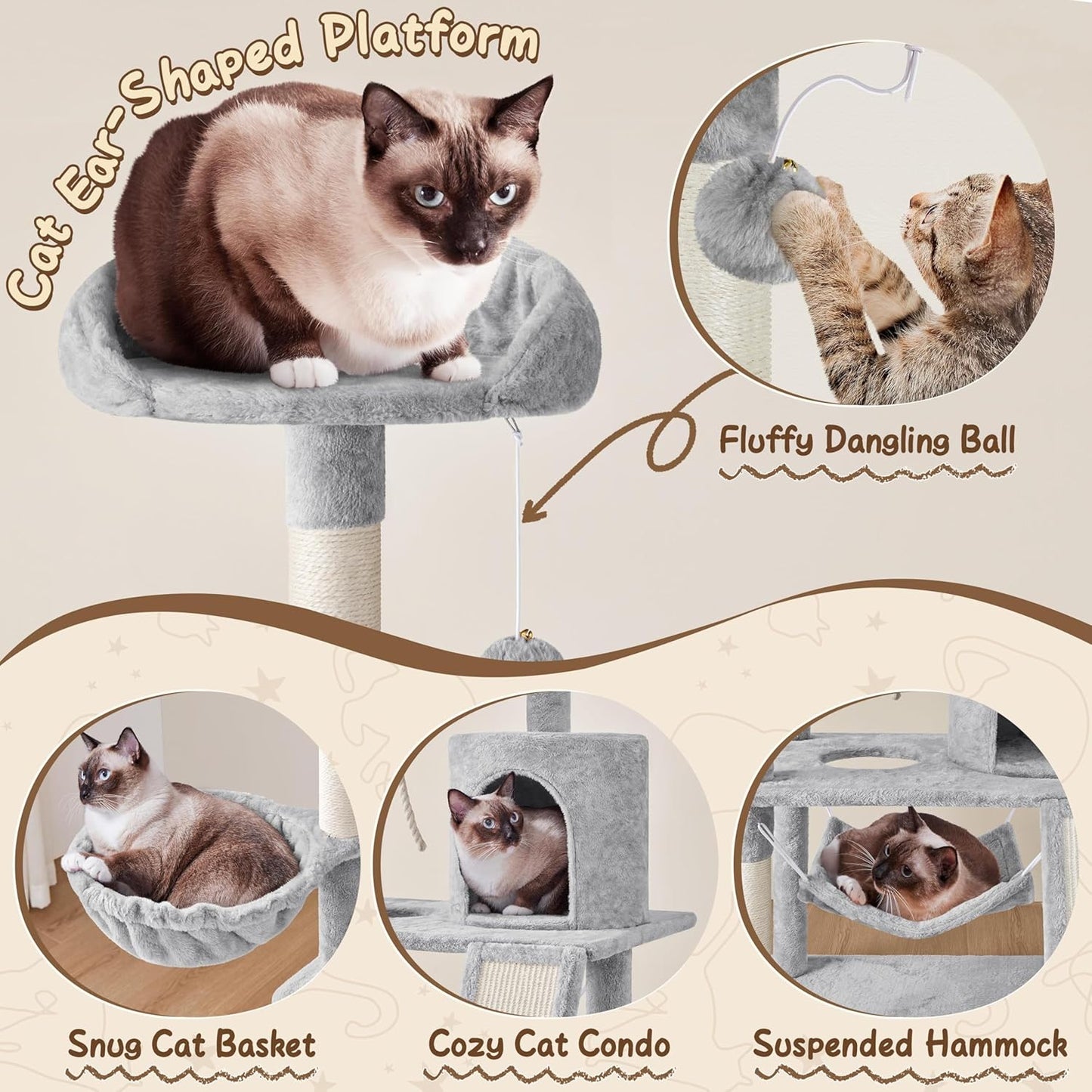 63.5-Inch Multi-Level Cat Tree Tower with Scratching Posts, Platforms, and Hammock - Cat Activity Center for Kittens and Cats