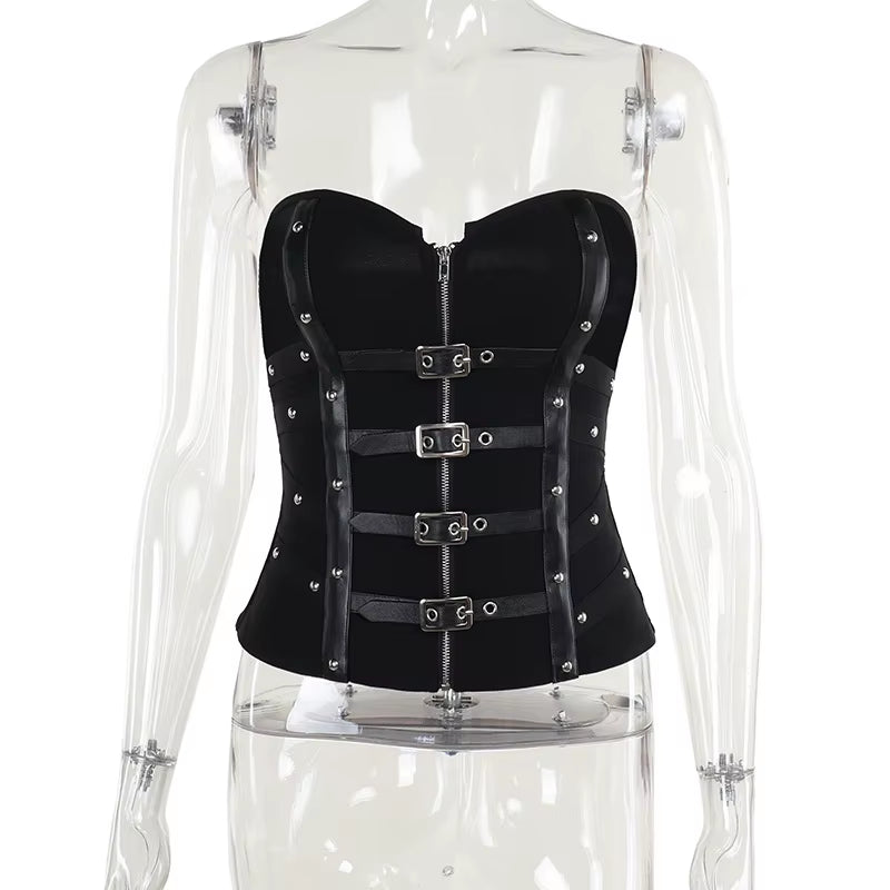 Punk Grunge Leather Buckle Strapless Corset Tops Mall Gothic Zip Women Tupe Top Y2K Coquette Streetwear Alt Tanks Vest