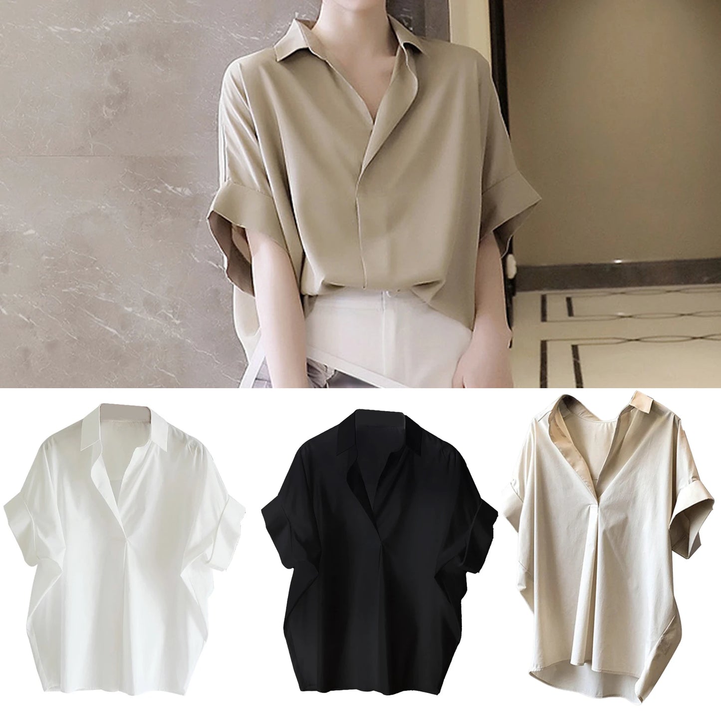 2025 Summer Shirts Women Shirt Fashion Loose Solid Tops Short Sleeved Blouse Casual Solid Buttons Down Blusas