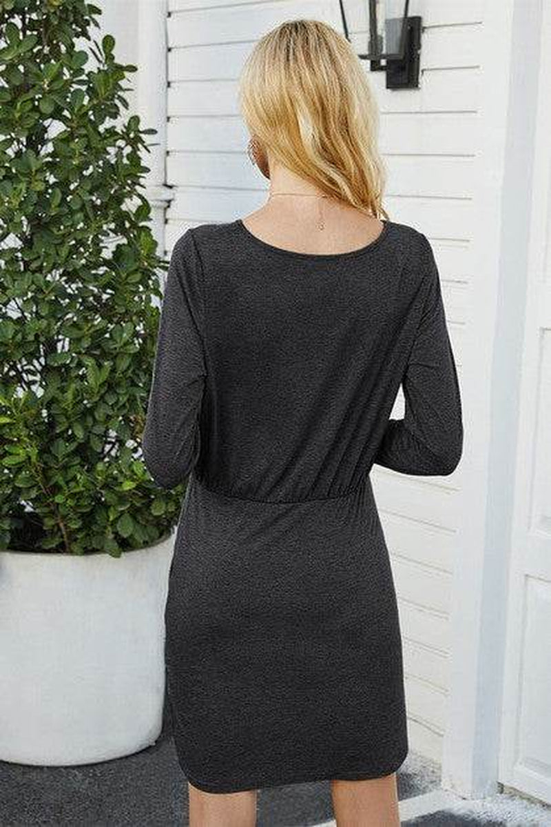 Solid Crew Neck High Waist Drawstring Dress