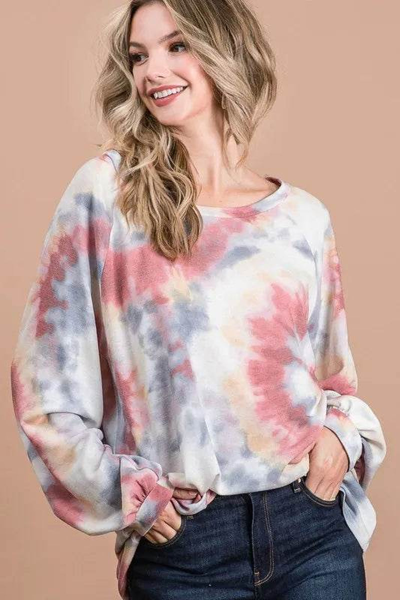 Bibi Tie Dye Print Terry Top with Puff Sleeves