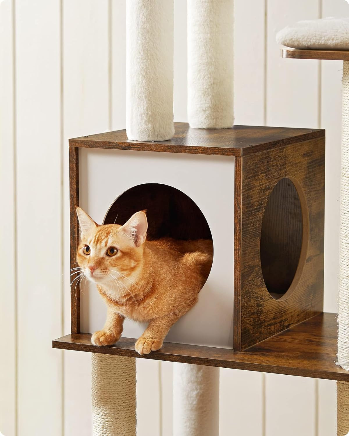 Woodywonders 65-Inch Modern Cat Tower - Multi-Level Indoor Cat Condo with 5 Scratching Posts, Perch, and Washable Removable Cushions in Rustic Brown