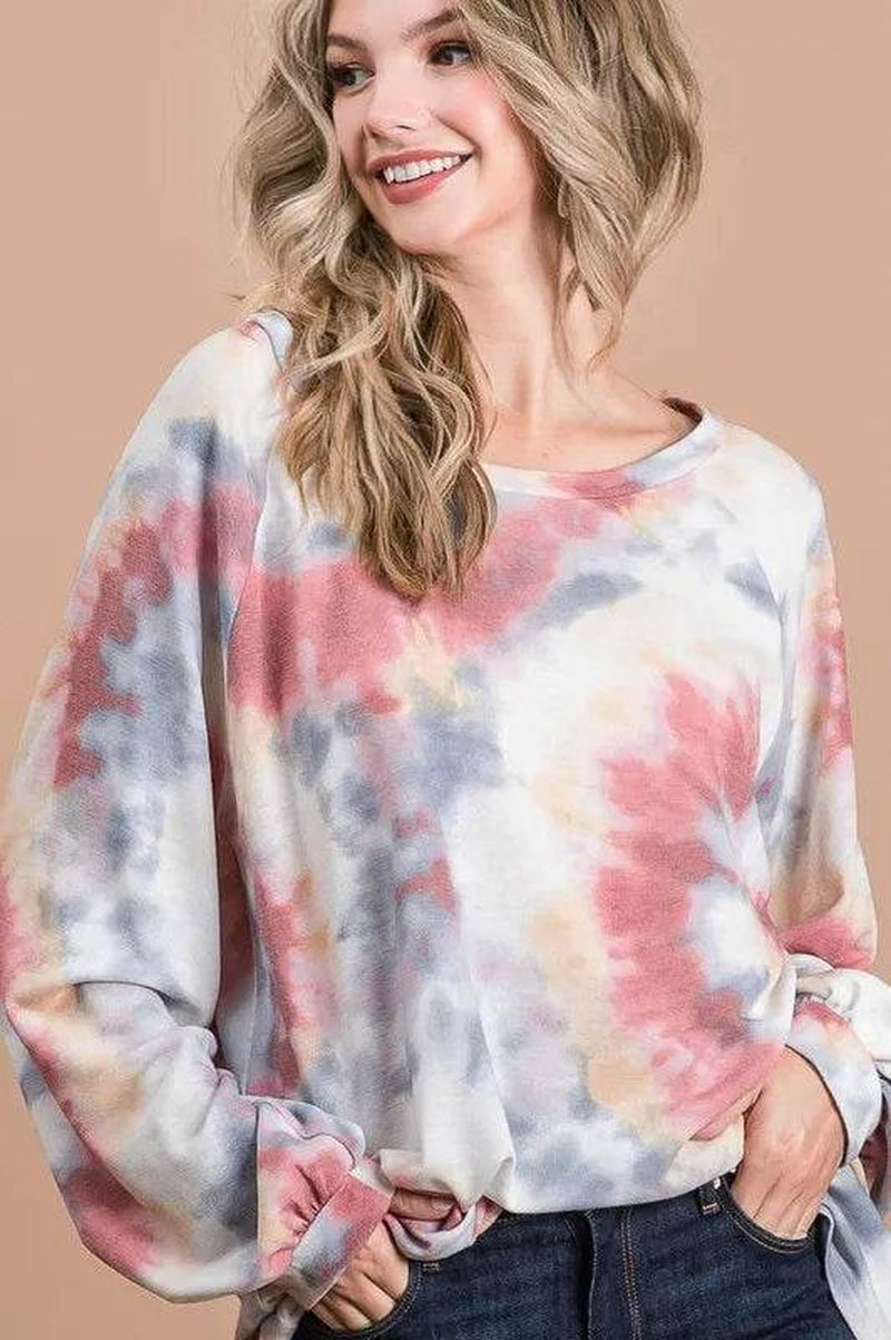 Bibi Tie Dye Print Terry Top with Puff Sleeves