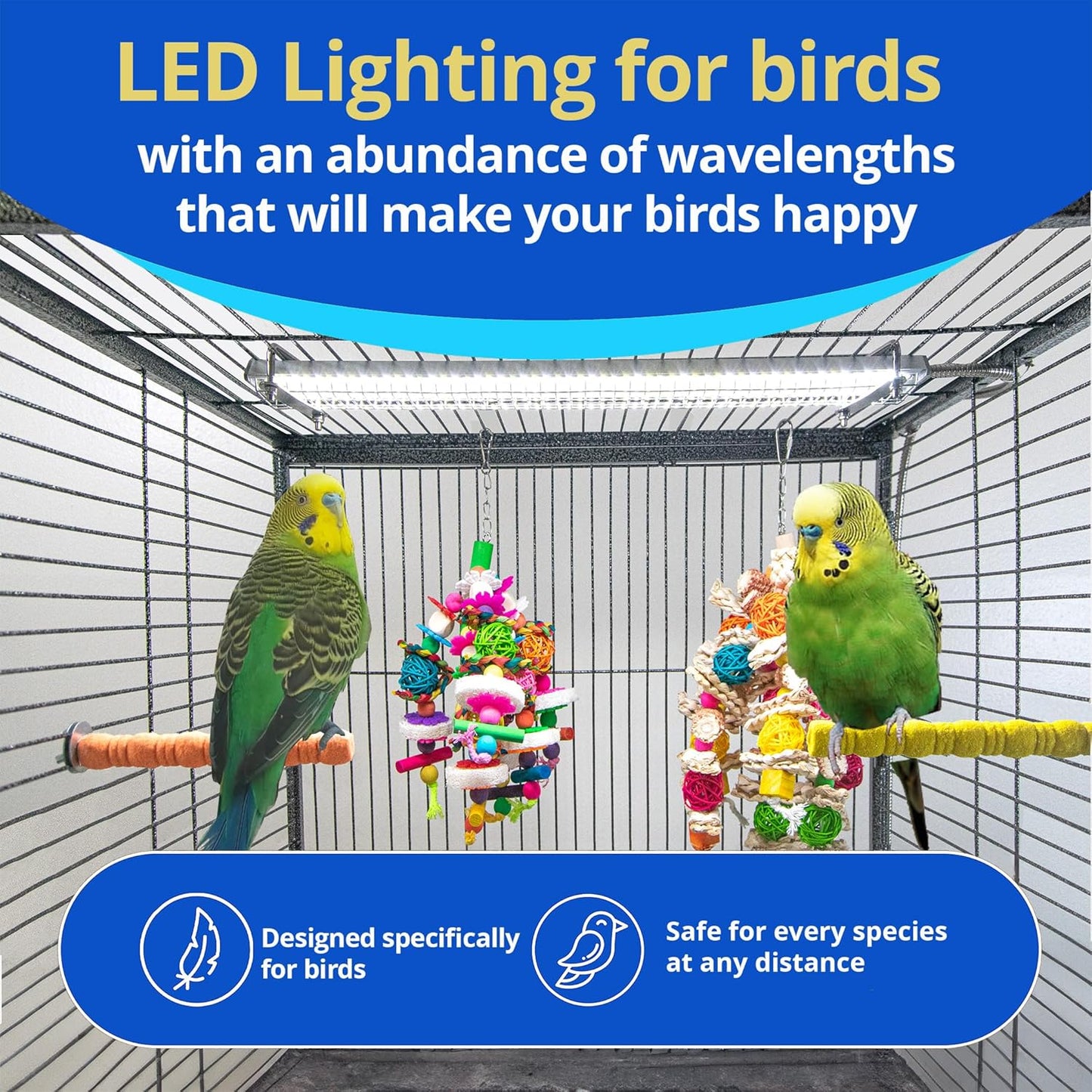 Happybird Full Spectrum LED Lighting for Bird Cages with Chew Guard - Safe and Easy to Install 18" Light for Hookbill Birds