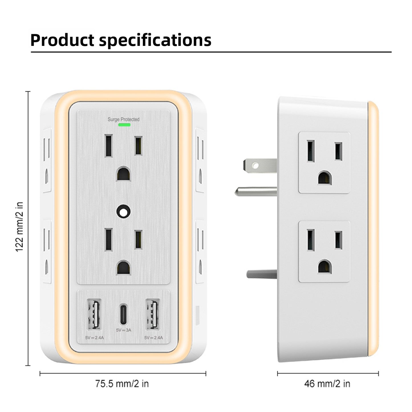 Wall-Mounted 6-Outlet USB Socket with LED Night Light and Surge Protection