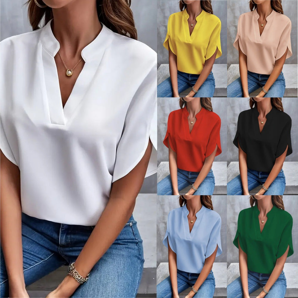 Casual Solid Color V-neck Loose Shirt Top Women