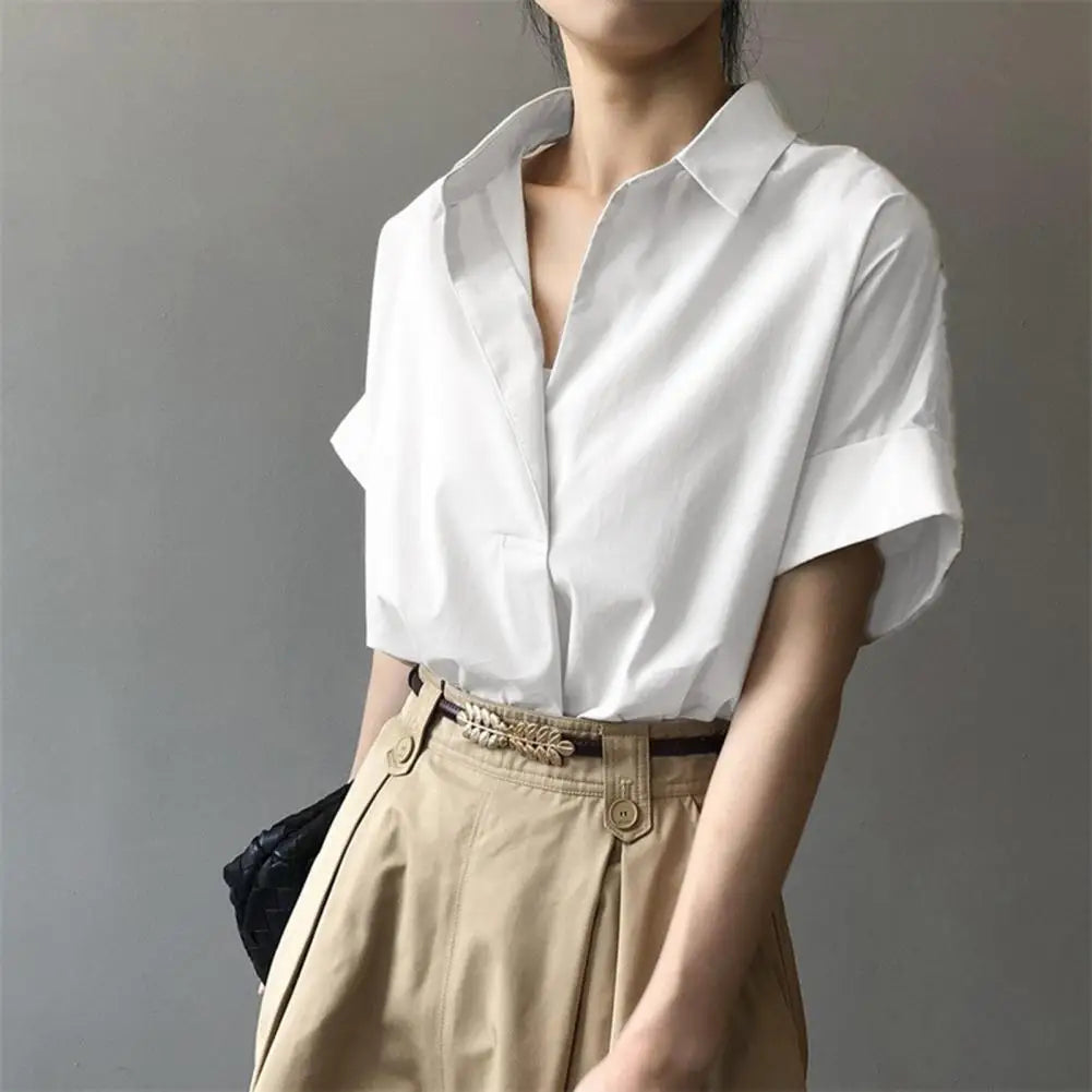 2025 Summer Shirts Women Shirt Fashion Loose Solid Tops Short Sleeved Blouse Casual Solid Buttons Down Blusas