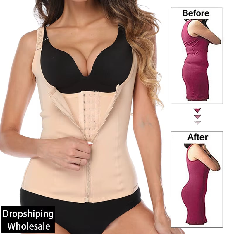 Women Zipper Hook Body Shaper Adjustable Shoulder Strap Waist Trainer Slimming Corset plus Size Waist Cincher Tummy Control Faja