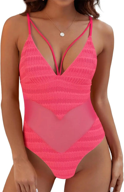 Womens One Piece Swimsuits-Sexy Deep V Neckline Tummy Control Bathing Suit Slimming Mesh Swimwear