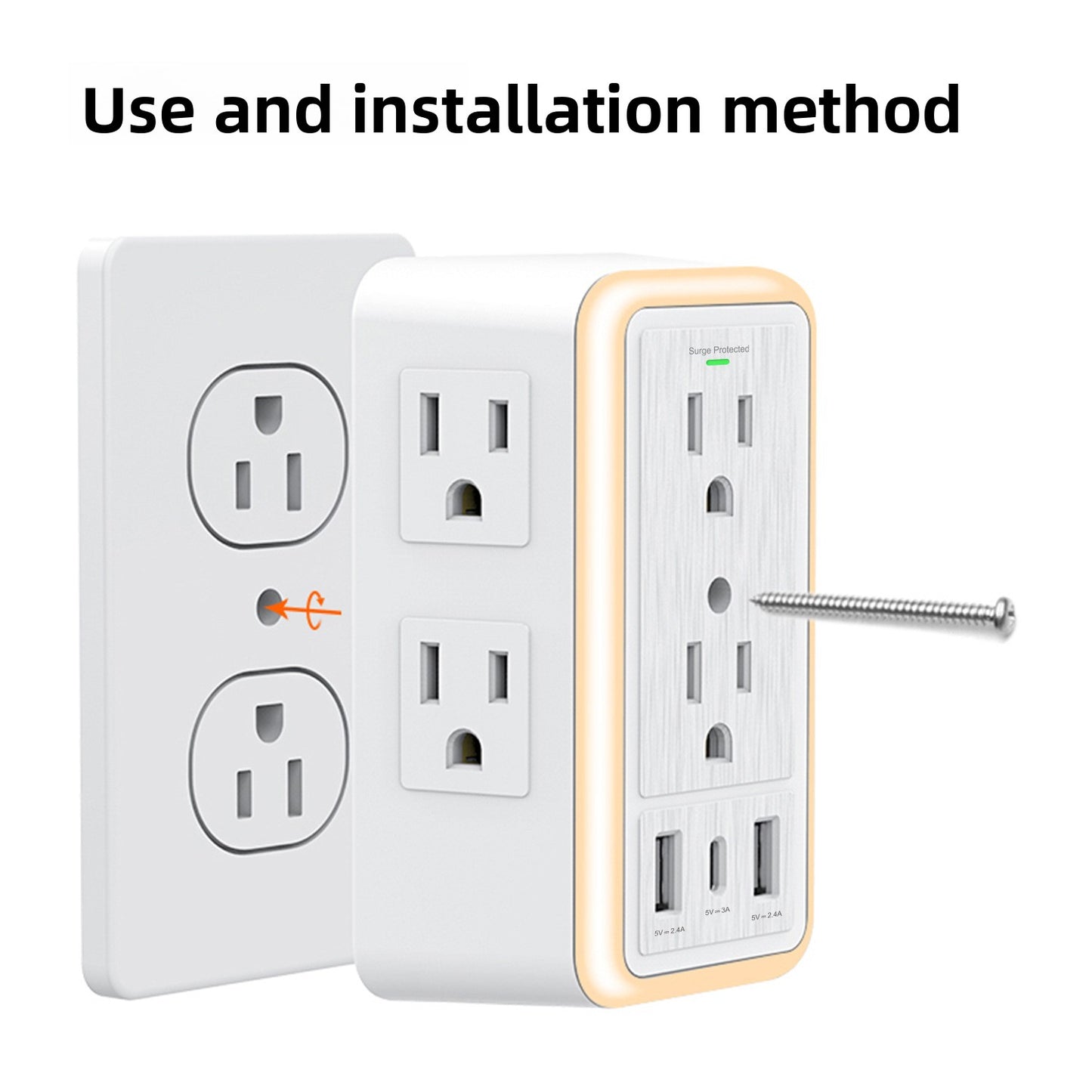 Wall-Mounted 6-Outlet USB Socket with LED Night Light and Surge Protection
