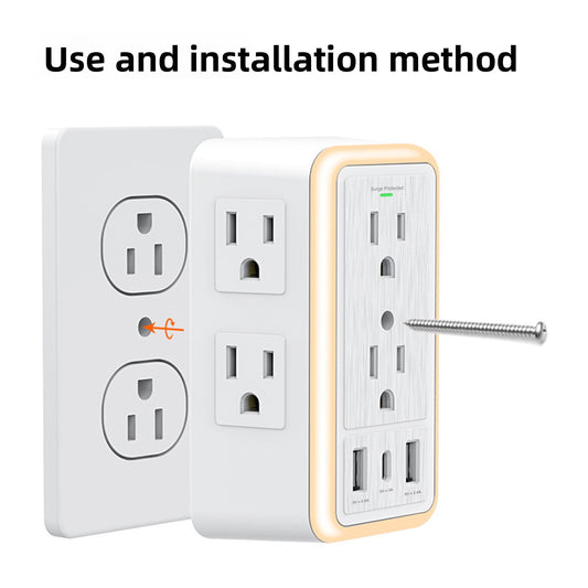 Wall-Mounted 6-Outlet USB Socket with LED Night Light and Surge Protection