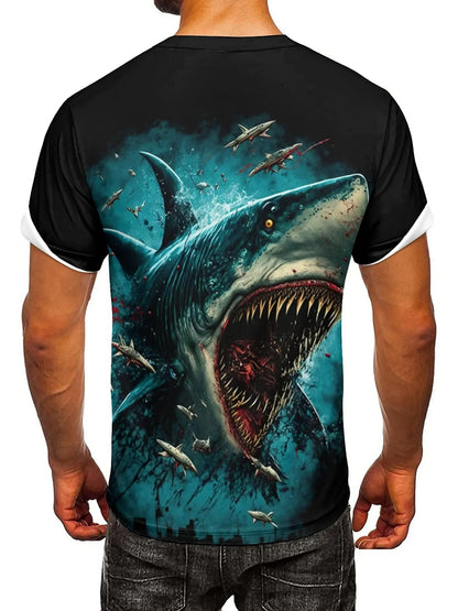 Men's 3D Shark Print T-Shirt - Black Gradient Design with Blood Splatter, Loose Fit, Breathable Fabric, Fun Cartoon Pattern