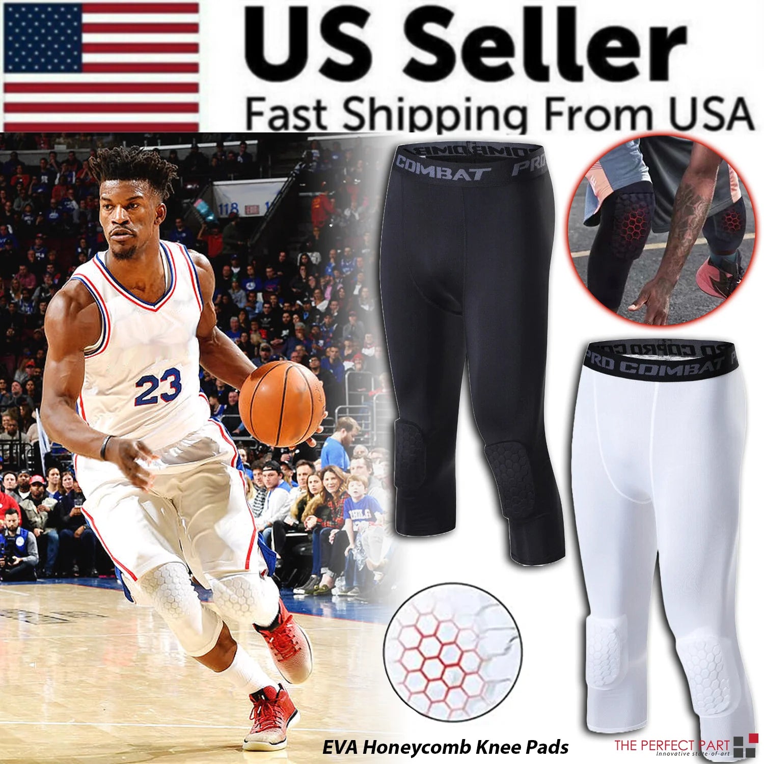 Men'S Basketball Sports Tight Pants 3/4 Compression Workout Leggings Knee Pads
