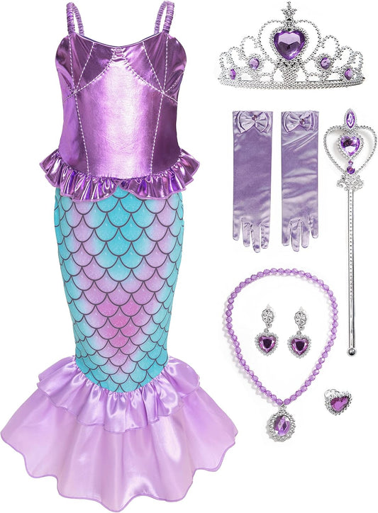 Girls Mermaid Costume Princess Dress up with Accessories Purple, 6 Years