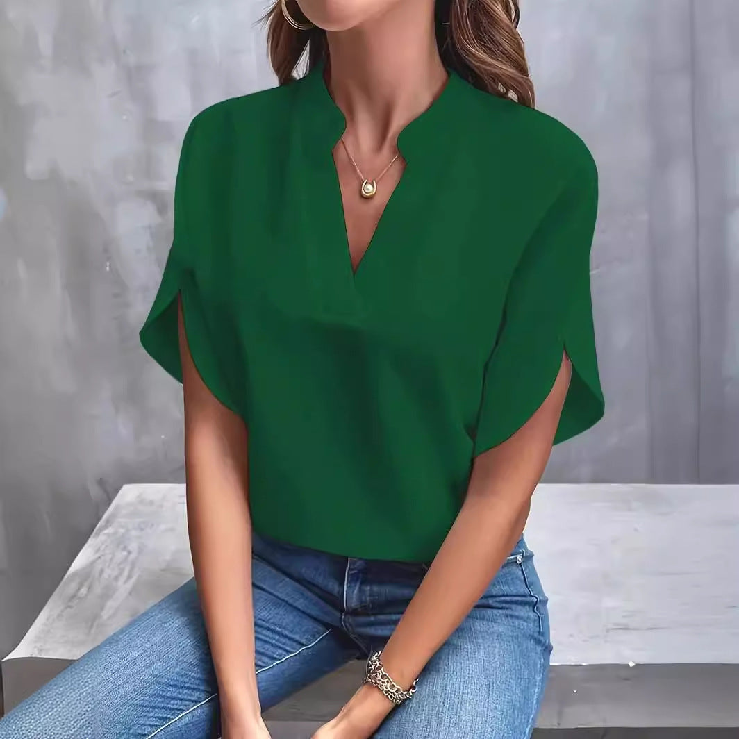 Casual Solid Color V-neck Loose Shirt Top Women