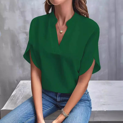Casual Solid Color V-neck Loose Shirt Top Women