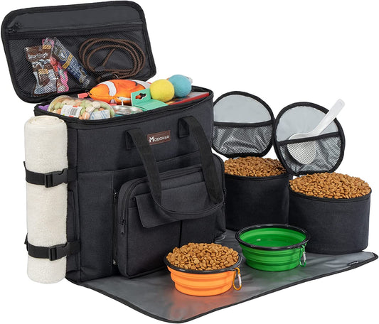 Professional Dog Travel Bag with Collapsible Bowls, Backpack, Airline-Approved Organizer, and Travel Food Containers - Black