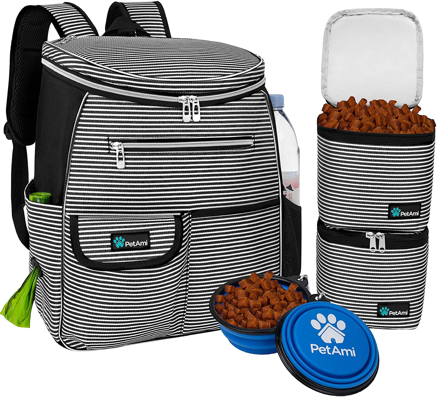 Airline-Approved Dog Travel Backpack with Food Container and Collapsible Bowls - Essential Pet Camping and Hiking Accessories in Black Stripe