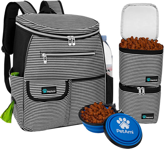 Airline-Approved Dog Travel Backpack with Food Container and Collapsible Bowls - Essential Pet Camping and Hiking Accessories in Black Stripe